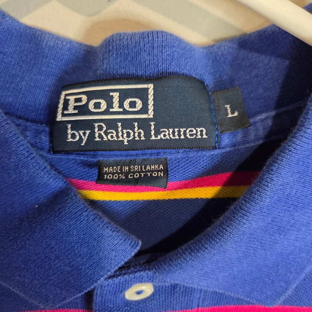 Polo Ralph Lauren Striped Polo Shirt Mens Large Blue Pink Yellow Cotton Vintage